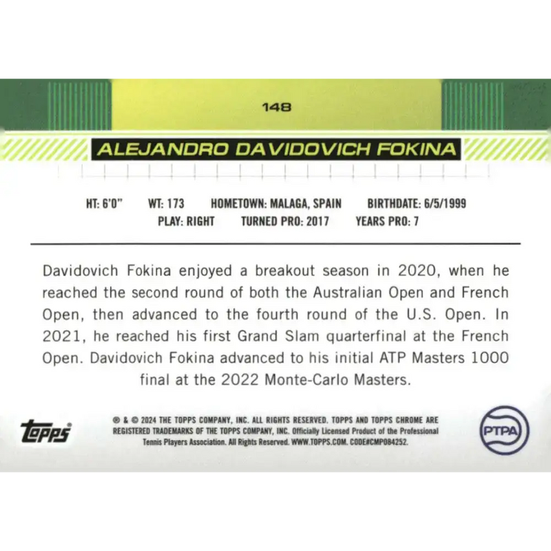 2024 Topps Chrome #148 Alejandro Davidovich Fokina EX Excellent Tennis Card - Other