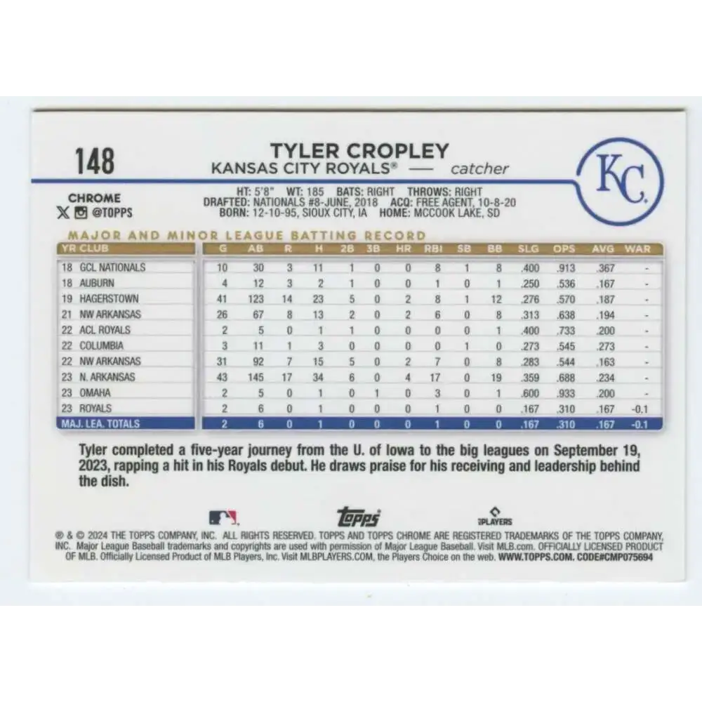2024 Topps Chrome #148 Tyler Cropley NM-MT RC Rookie Kansas City Royals Baseball Card - Baseball Card Single