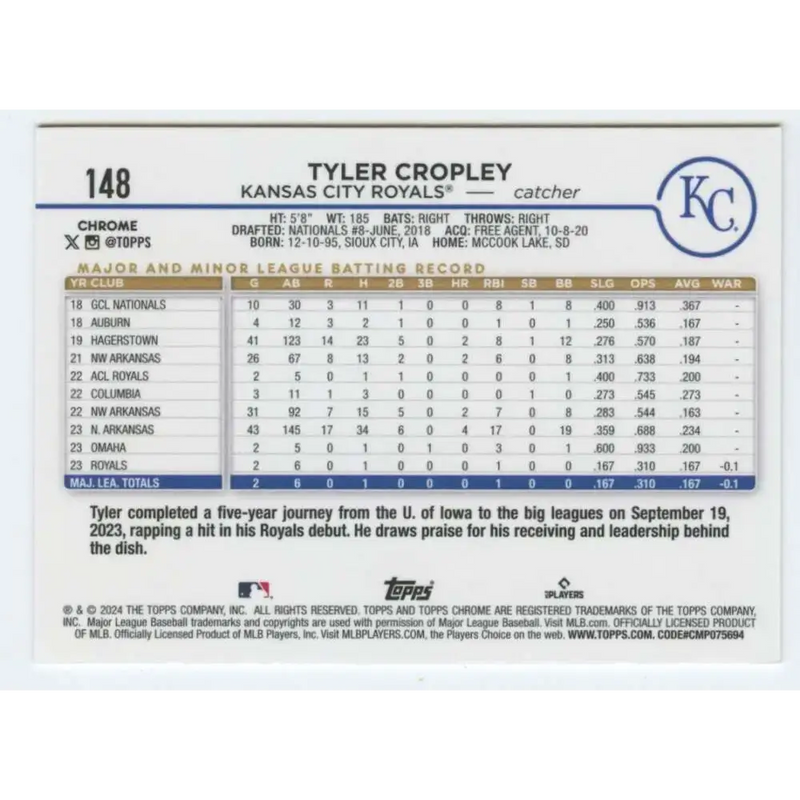 2024 Topps Chrome #148 Tyler Cropley NM-MT RC Rookie Kansas City Royals Baseball Card - Baseball Card Single