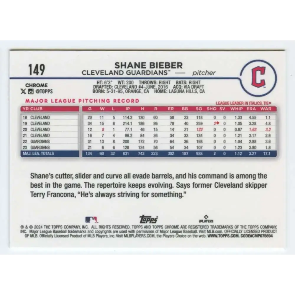 2024 Topps Chrome #149 Shane Bieber NM-MT Cleveland Guardians Baseball Card - Baseball Card Single