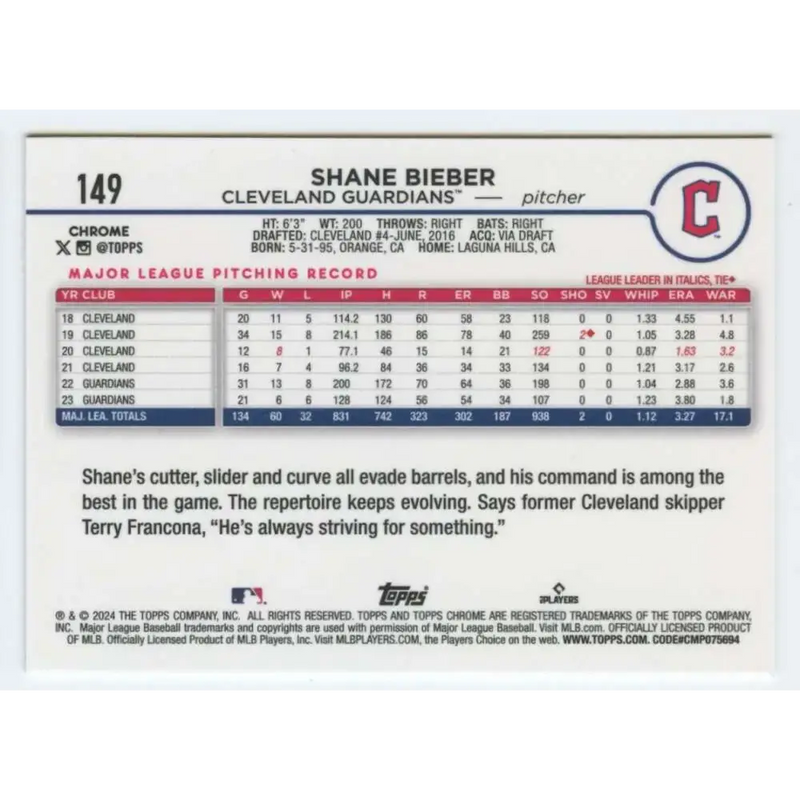 2024 Topps Chrome #149 Shane Bieber NM-MT Cleveland Guardians Baseball Card - Baseball Card Single