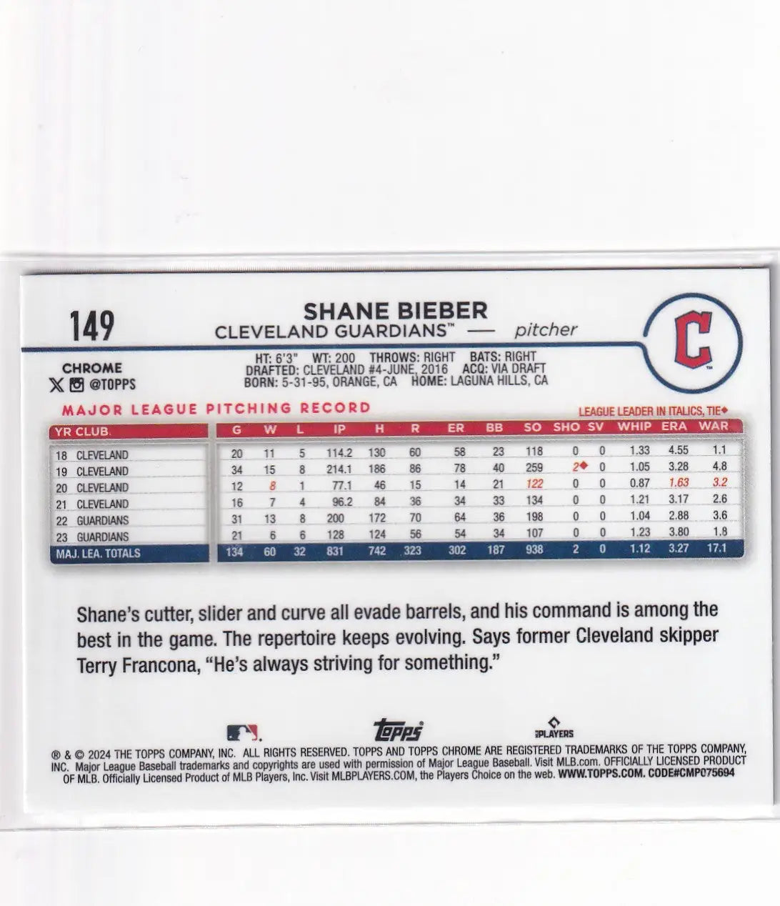 2024 TOPPS CHROME #149 SHANE BIEBER SEPIA- CLEVELAND GUARDIANS - Baseball Card Single