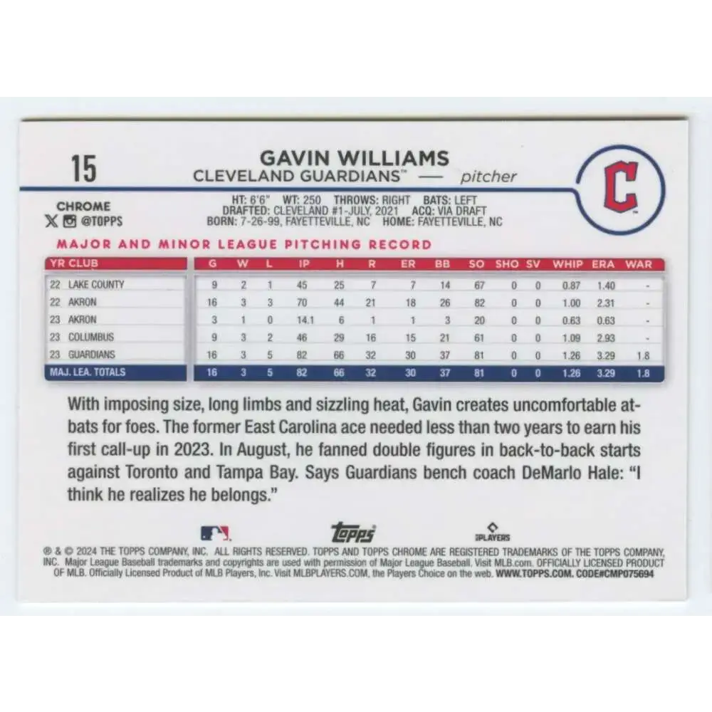 2024 Topps Chrome #15 Gavin Williams NM-MT RC Rookie Cleveland Guardians Baseball Card - Baseball Card Single