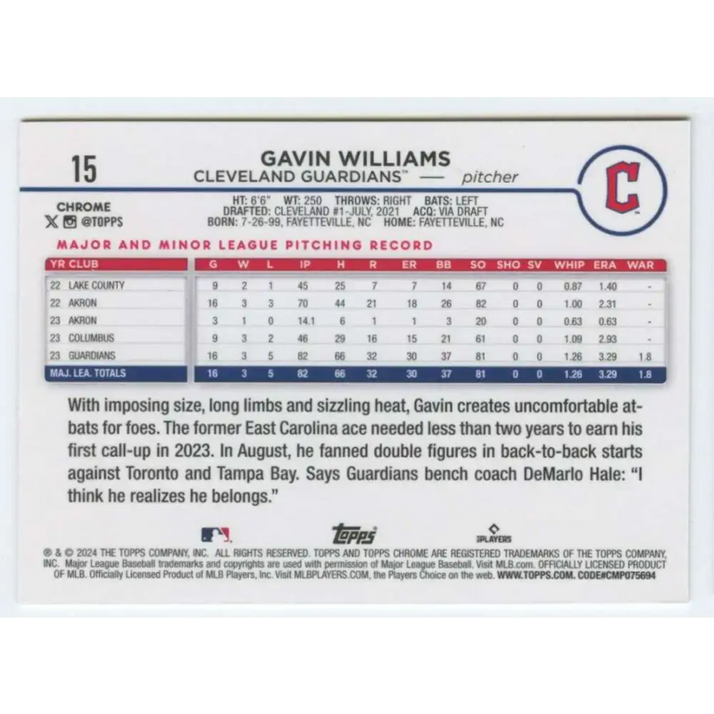 2024 Topps Chrome #15 Gavin Williams NM-MT RC Rookie Cleveland Guardians Baseball Card - Baseball Card Single