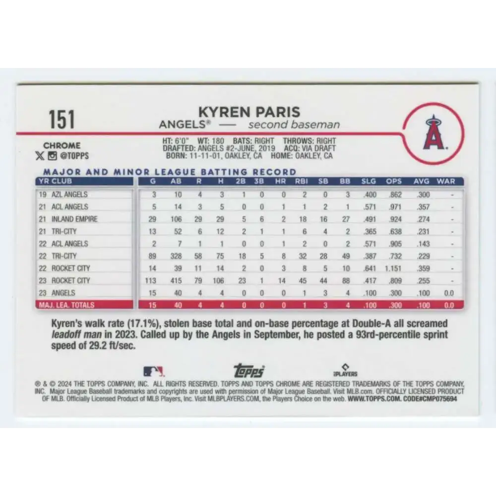 2024 Topps Chrome #151 Kyren Paris NM-MT RC Rookie Los Angeles Angels Baseball Card - Baseball Card Single