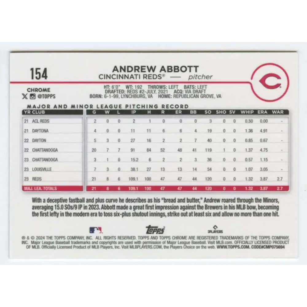 2024 Topps Chrome #154 Andrew Abbott NM-MT RC Rookie Cincinnati Reds Baseball Card - Baseball Card Single