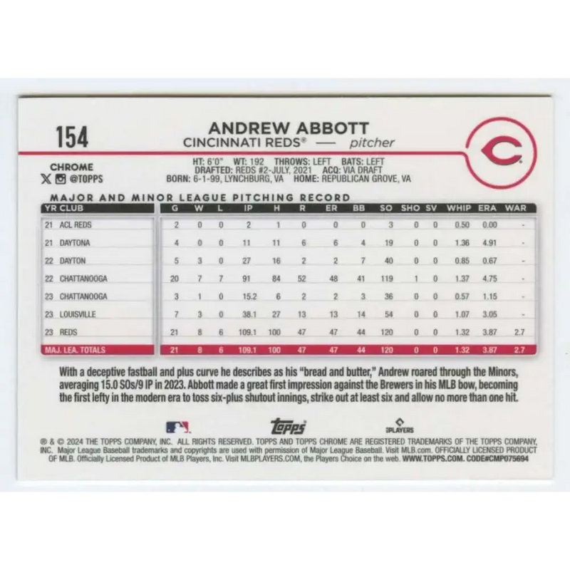 2024 Topps Chrome #154 Andrew Abbott NM-MT RC Rookie Cincinnati Reds Baseball Card - Baseball Card Single
