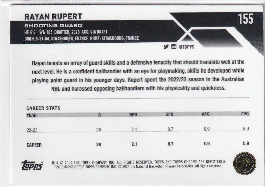 2024 TOPPS CHROME #155 RAYAN RUPERT PINK- PORTLAND TRAIL BLAZZERS