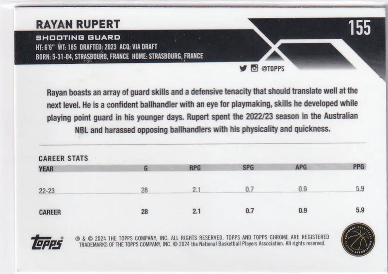 2024 TOPPS CHROME #155 RAYAN RUPERT PINK- PORTLAND TRAIL BLAZZERS