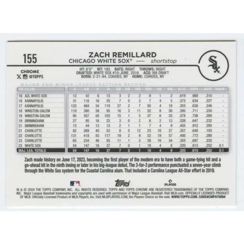 2024 Topps Chrome #155 Zach Remillard NM-MT RC Rookie Chicago White Sox Baseball Card - Baseball Card Single