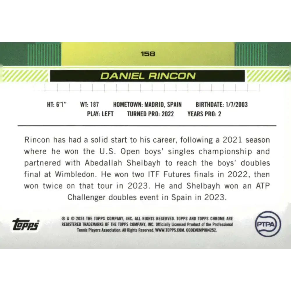 2024 Topps Chrome #158 Daniel Rincon EX Excellent RC Rookie Tennis Card - Other