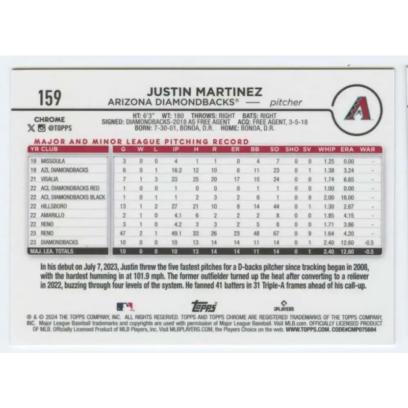 2024 Topps Chrome #159 Justin Martinez NM-MT RC Rookie Arizona Diamondbacks Baseball Card - Baseball Card Single