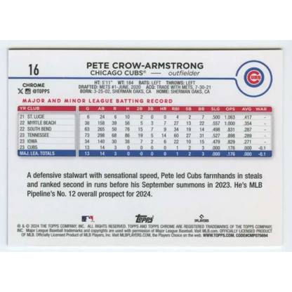 2024 Topps Chrome #16 Pete Crow-Armstrong NM-MT RC Rookie Chicago Cubs Baseball Card