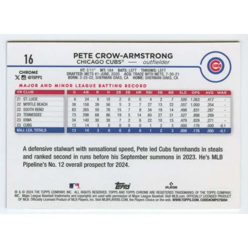 2024 Topps Chrome #16 Pete Crow-Armstrong NM-MT RC Rookie Chicago Cubs Baseball Card - Baseball Card Single