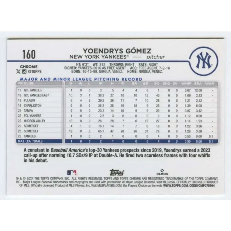 2024 Topps Chrome #160 Yoendrys Gomez NM-MT RC Rookie New York Yankees Baseball Card - Baseball Card Single