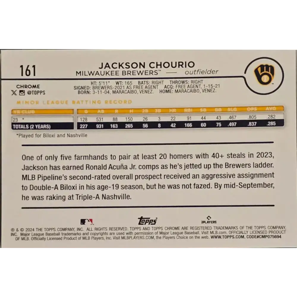 2024 Topps Chrome #161 Jackson Chourio NM-MT RC Rookie Milwaukee Brewers Baseball Card - Baseball Card Single