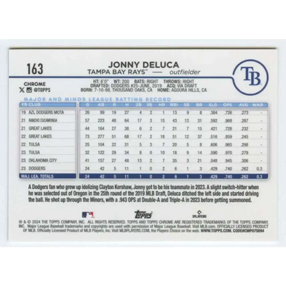 2024 Topps Chrome #163 Jonny Deluca NM-MT RC Rookie Tampa Bay Rays Baseball Card