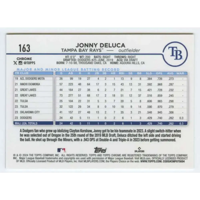 2024 Topps Chrome #163 Jonny Deluca NM-MT RC Rookie Tampa Bay Rays Baseball Card - Baseball Card Single