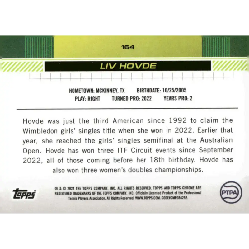 2024 Topps Chrome #164 Liv Hovde EX Excellent RC Rookie Tennis Card - Tennis Card Single