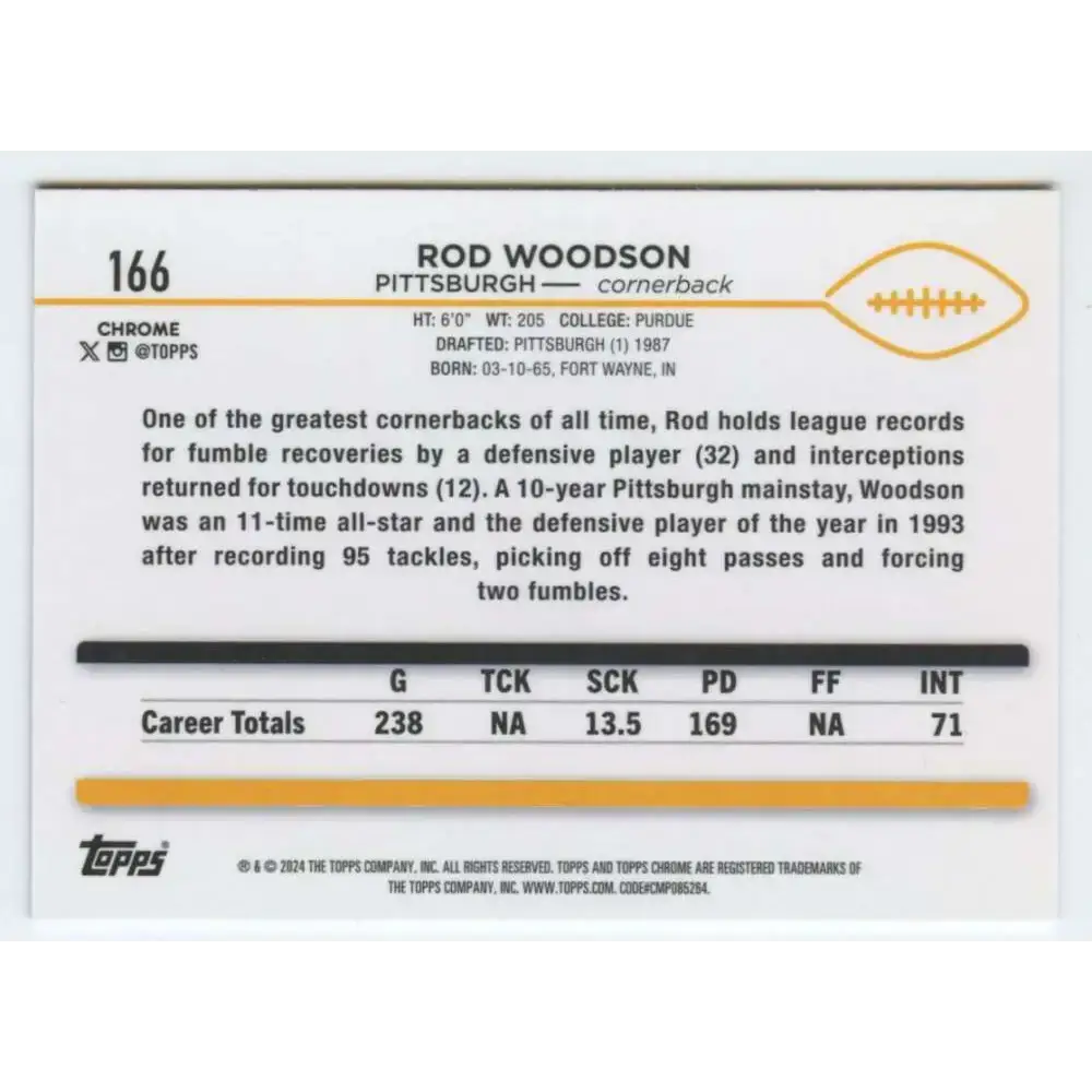 2024 Topps Chrome #166 Rod Woodson NM-MT Pittsburgh Steelers Football Card - Football Card Single
