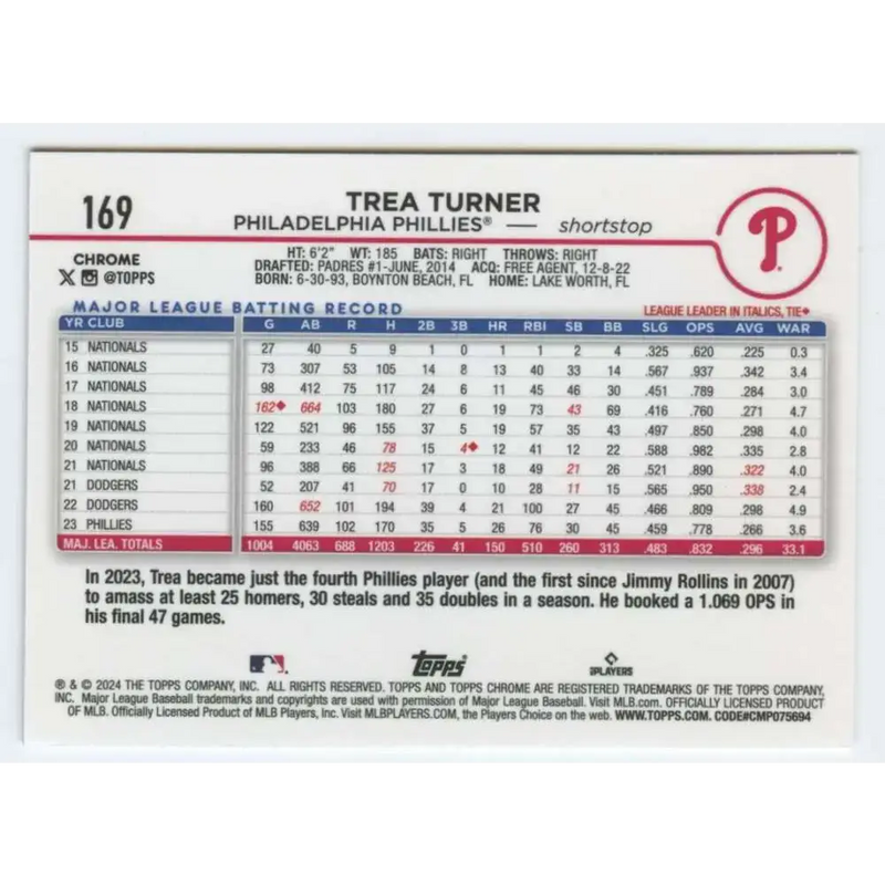 2024 Topps Chrome #169 Trea Turner NM-MT Philadelphia Phillies Baseball Card - Baseball Card Single