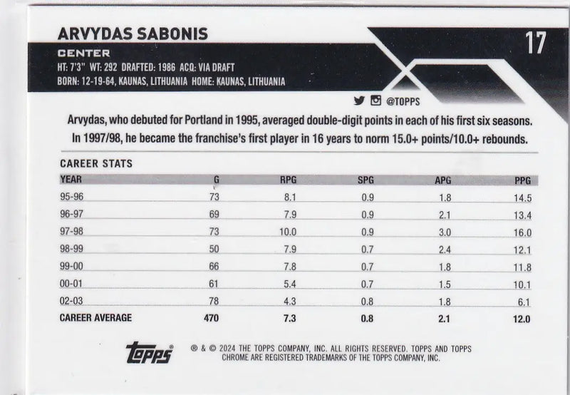 2024 TOPPS CHROME #17 ARVYDAS SABONIS PINK HOLO- PORTLAND TRAIL BLAZZERS - Trading Cards (Singles): Basketball Card