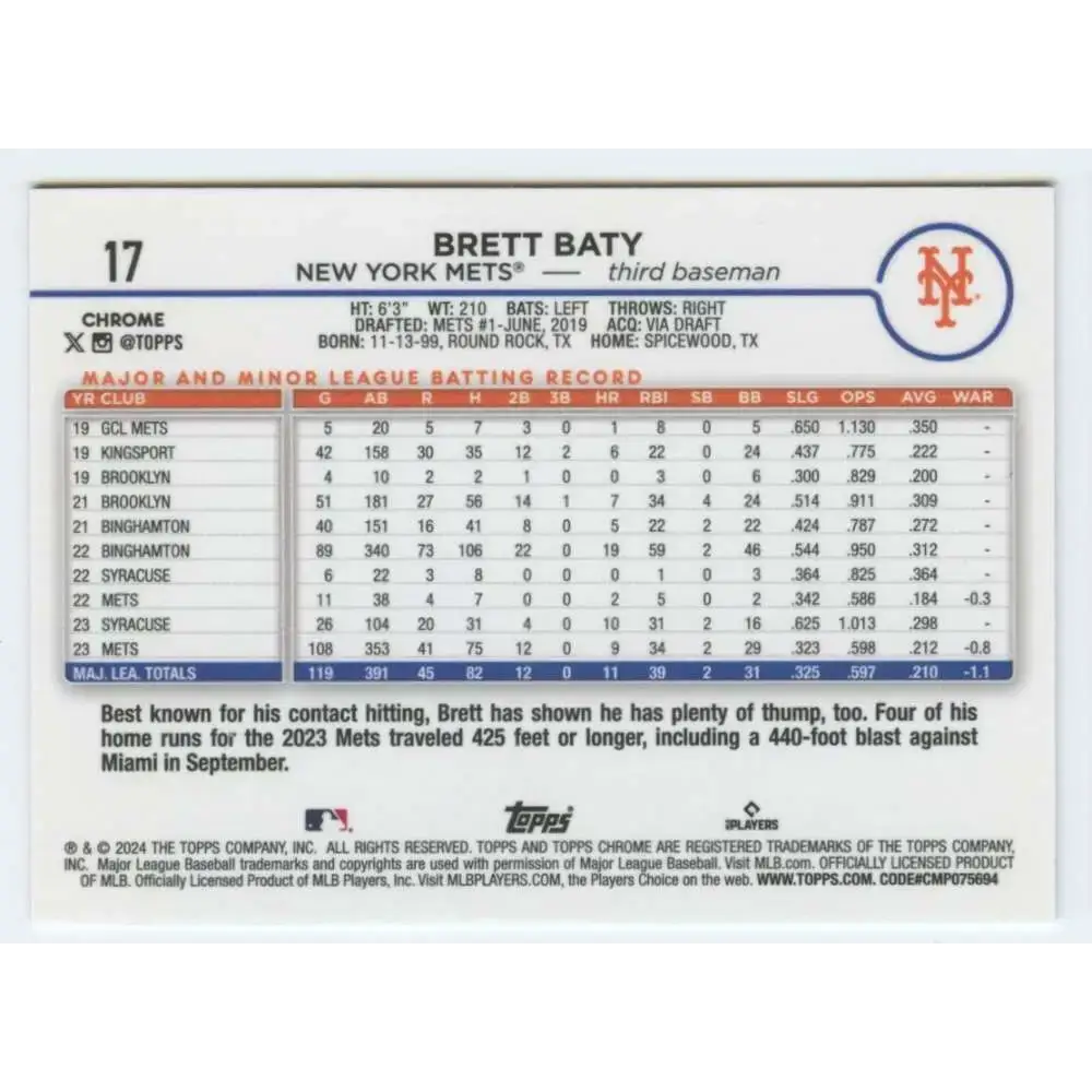 2024 Topps Chrome #17 Brett Baty NM-MT New York Mets Baseball Card - Baseball Card Single