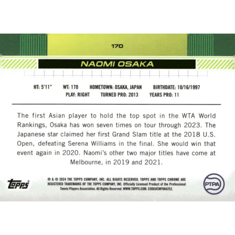 2024 Topps Chrome #170 Naomi Osaka EX Excellent Tennis Card - Tennis Card Single