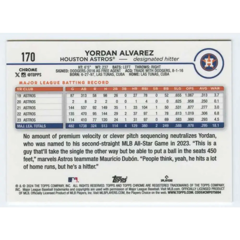 2024 Topps Chrome #170 Yordan Alvarez NM-MT Houston Astros Baseball Card - Baseball Card Single