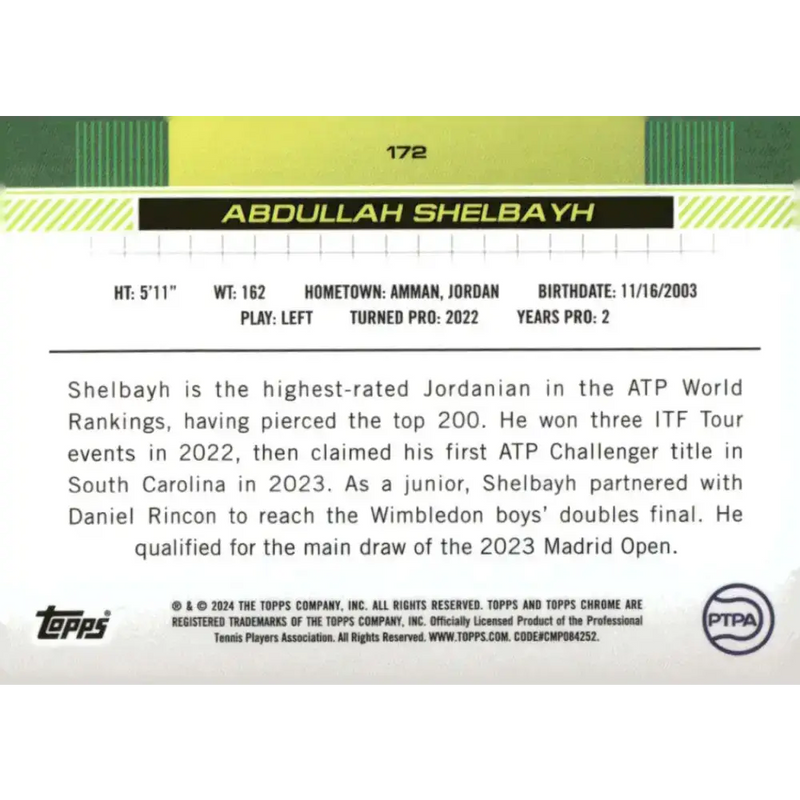 2024 Topps Chrome #172 Abdullah Shelbayh EX Excellent RC Rookie Tennis Card - Other