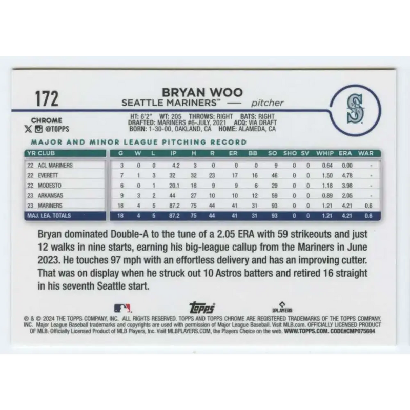 2024 Topps Chrome #172 Bryan Woo NM-MT RC Rookie Seattle Mariners Baseball Card - Baseball Card Single