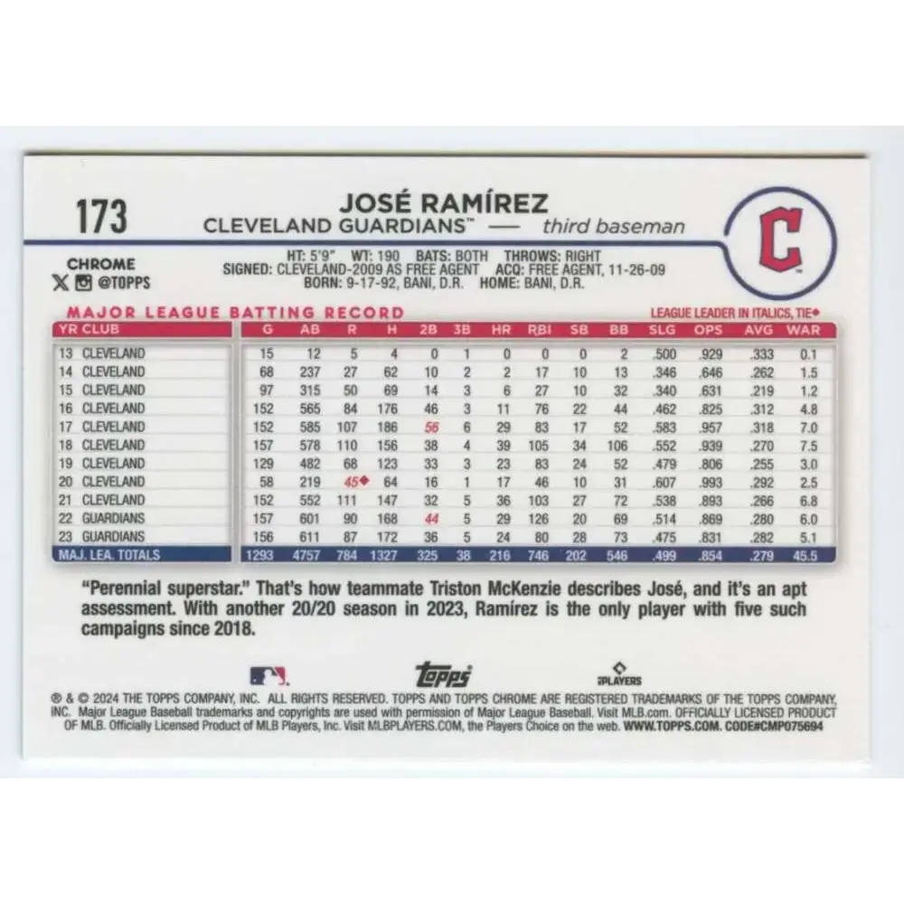 2024 Topps Chrome #173 Jose Ramirez NM-MT Cleveland Guardians Baseball Card - Baseball Card Single