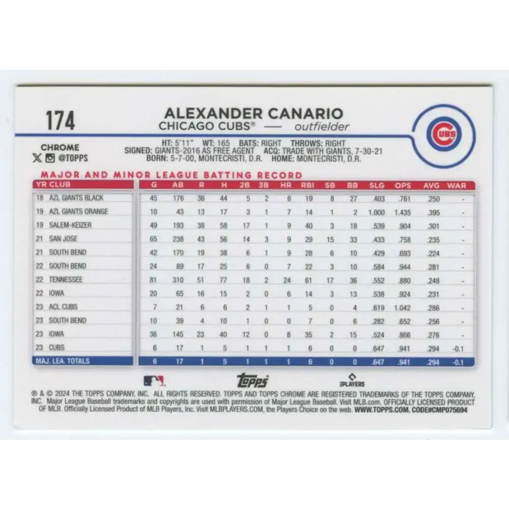 2024 Topps Chrome #174 Alexander Canario NM-MT RC Rookie Chicago Cubs Baseball Card - Baseball Card Single