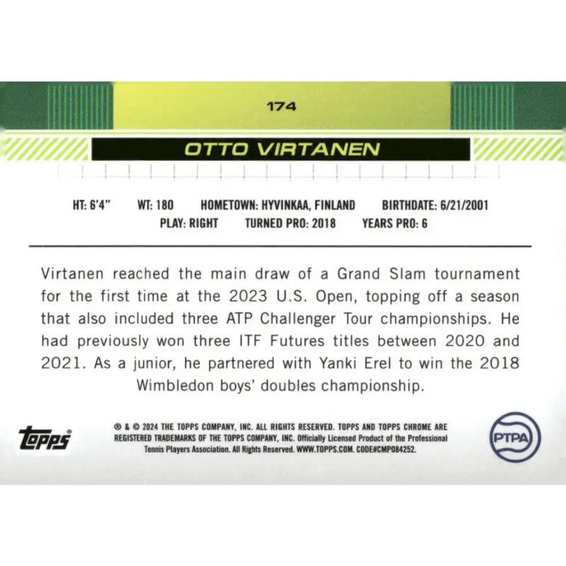 2024 Topps Chrome #174 Otto Virtanen EX Excellent Tennis Card - Other