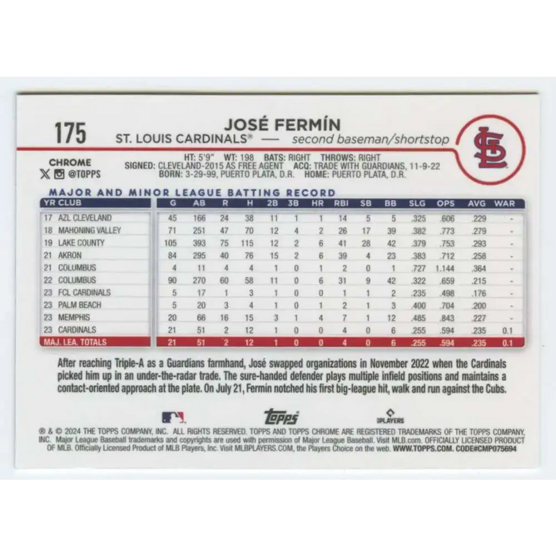 2024 Topps Chrome #175 Jose Fermin NM-MT RC Rookie St Louis Cardinals Baseball Card - Baseball Card Single