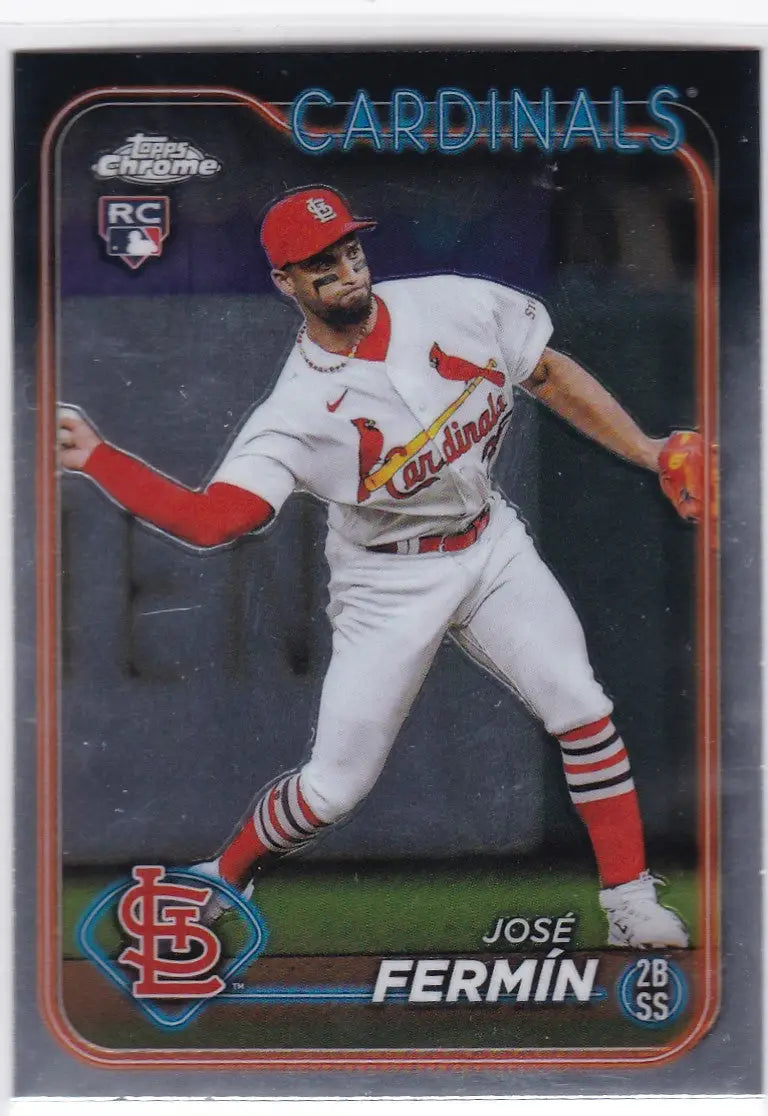Baseball card of Jose Fermin in a white uniform for Topps Chrome St. Louis Cardinals