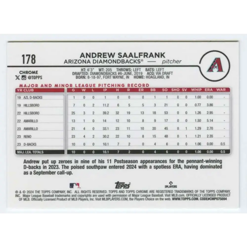 2024 Topps Chrome #178 Andrew Saalfrank NM-MT RC Rookie Arizona Diamondbacks Baseball Card - Baseball Card Single