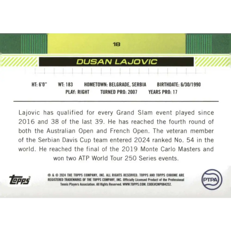 2024 Topps Chrome #18 Dusan Lajovic EX Excellent Tennis Card - Other
