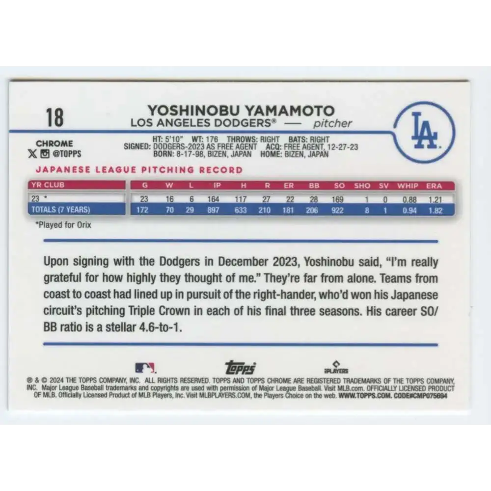 2024 Topps Chrome #18 Yoshinobu Yamamoto NM-MT RC Rookie Los Angeles Dodgers Baseball Card - Baseball Card Single