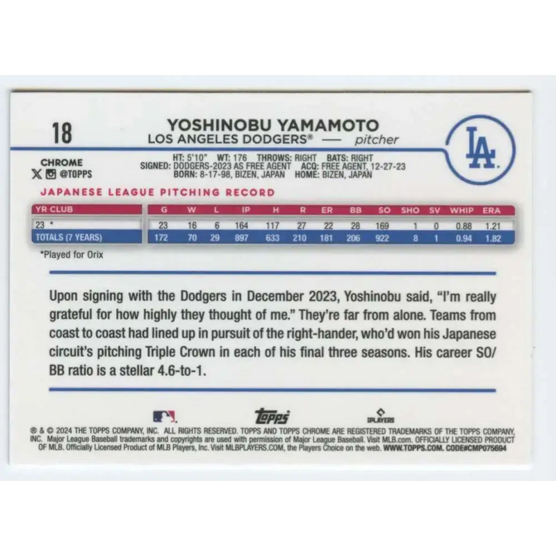 2024 Topps Chrome #18 Yoshinobu Yamamoto NM-MT RC Rookie Los Angeles Dodgers Baseball Card - Baseball Card Single