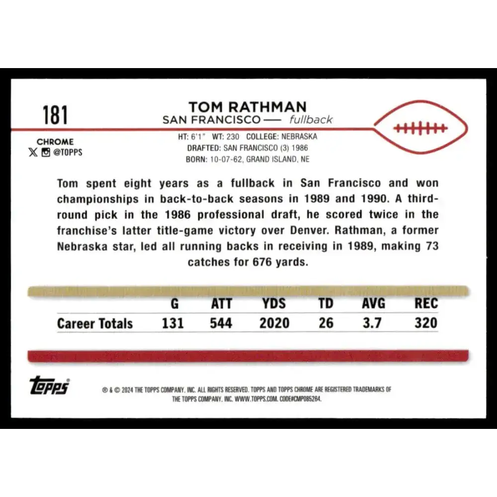 2024 Topps Chrome #181 Tom Rathman NM-MT San Francisco 49ers Football Card - Football Card Single