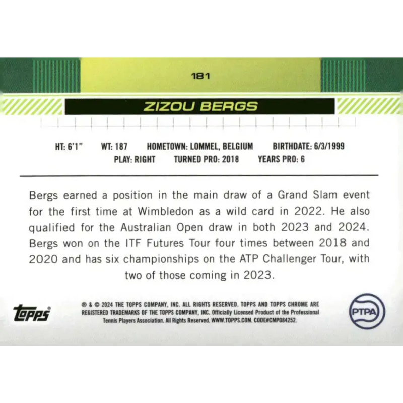 2024 Topps Chrome #181 Zizou Bergs EX Excellent Tennis Card - Tennis Card Single