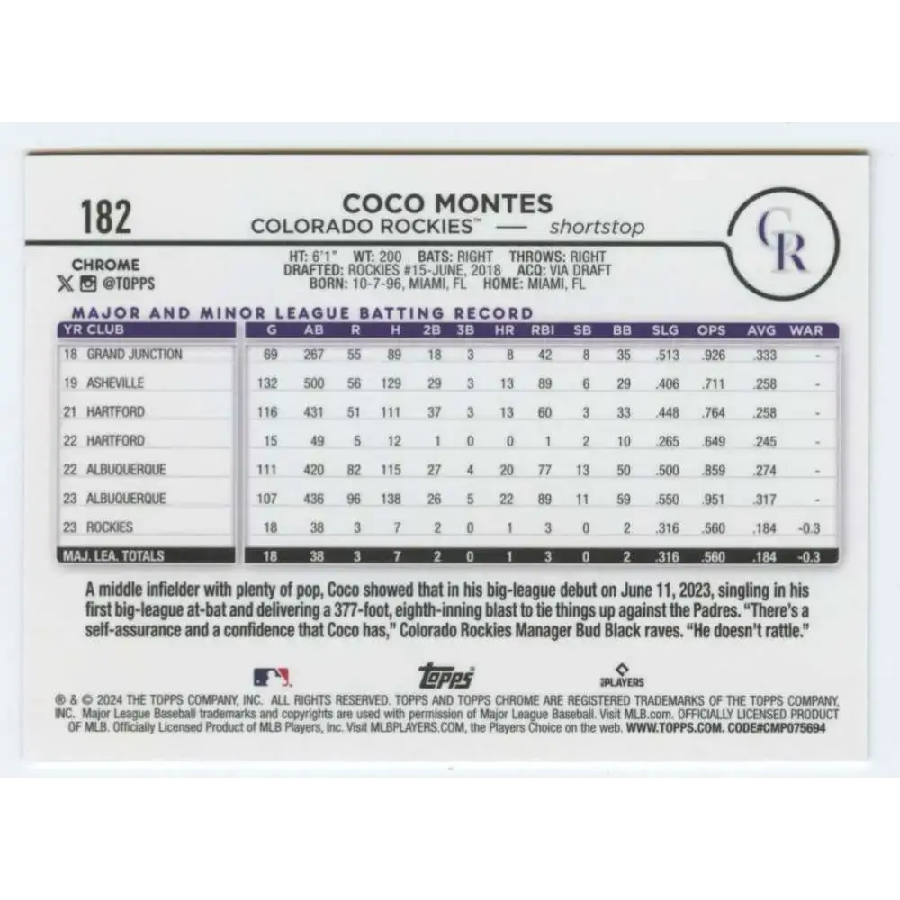 2024 Topps Chrome #182 Coco Montes NM-MT RC Rookie Colorado Rockies Baseball Card - Baseball Card Single