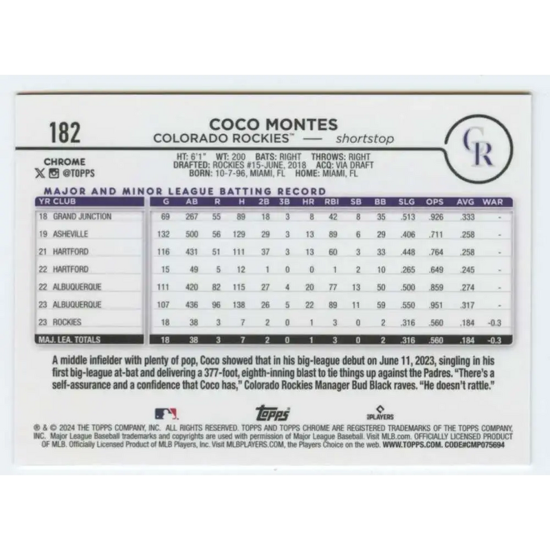 2024 Topps Chrome #182 Coco Montes NM-MT RC Rookie Colorado Rockies Baseball Card - Baseball Card Single