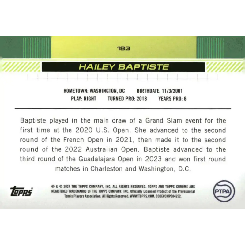 2024 Topps Chrome #183 Hailey Baptiste EX Excellent Tennis Card - Tennis Card Single