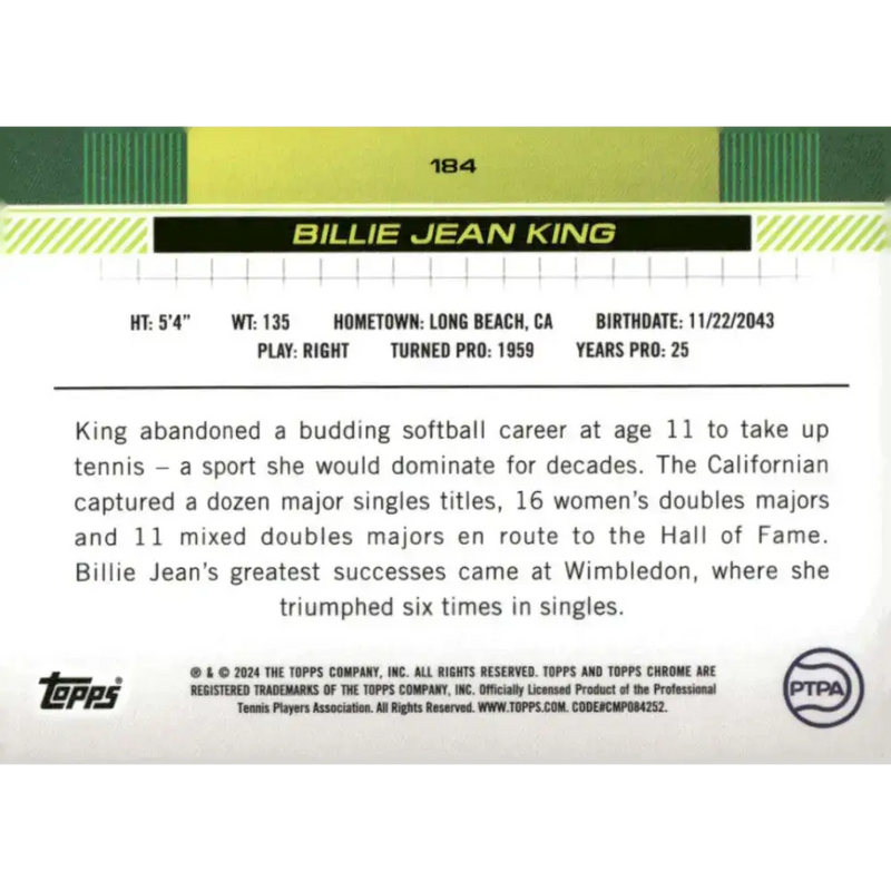 2024 Topps Chrome #184 Billie Jean King EX Excellent Tennis Card - Other