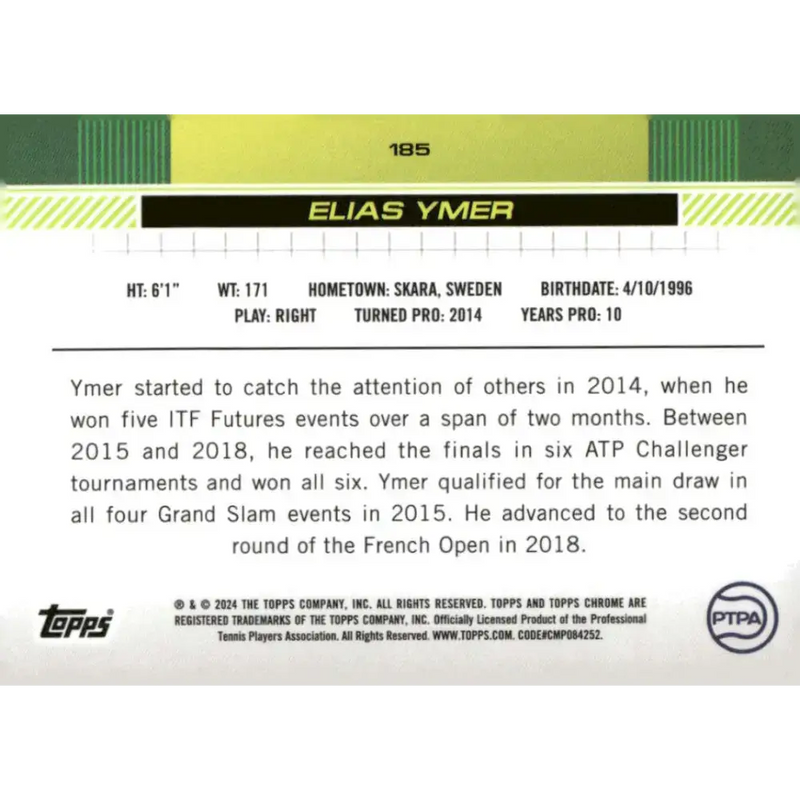 2024 Topps Chrome #185 Elias Ymer EX Excellent Tennis Card - Tennis Card Single