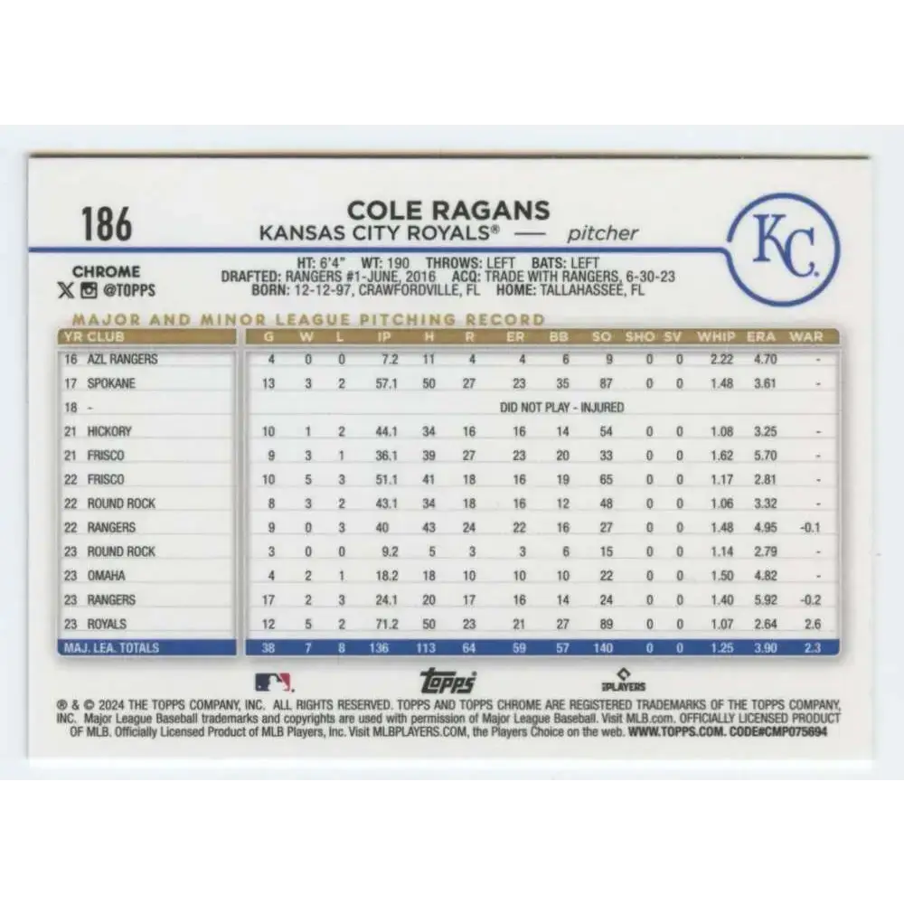 2024 Topps Chrome #186 Cole Ragans NM-MT Kansas City Royals Baseball Card - Baseball Card Single
