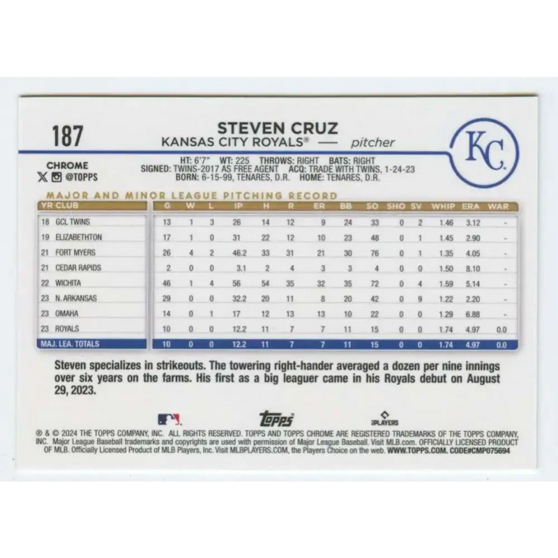 2024 Topps Chrome #187 Steven Cruz NM-MT RC Rookie Kansas City Royals Baseball Card - Baseball Card Single