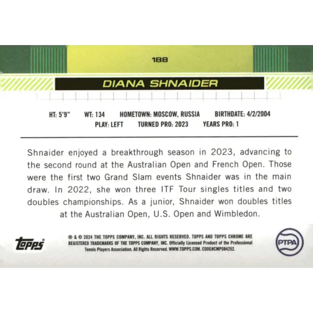 2024 Topps Chrome #188 Diana Shnaider EX Excellent RC Rookie Tennis Card - Tennis Card Single